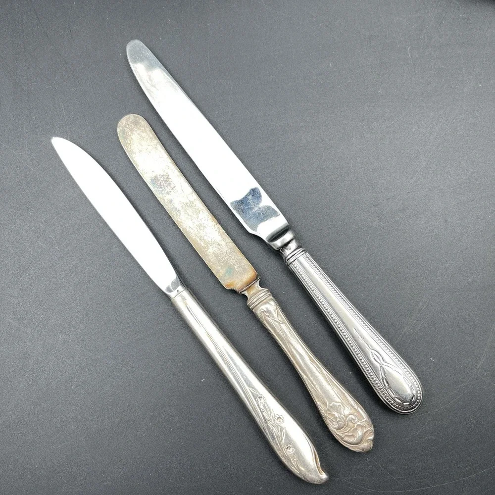 Lot‎ 3 Vintage Hollow Handle Dinner Knives Flower De Luce Bateman Springtime